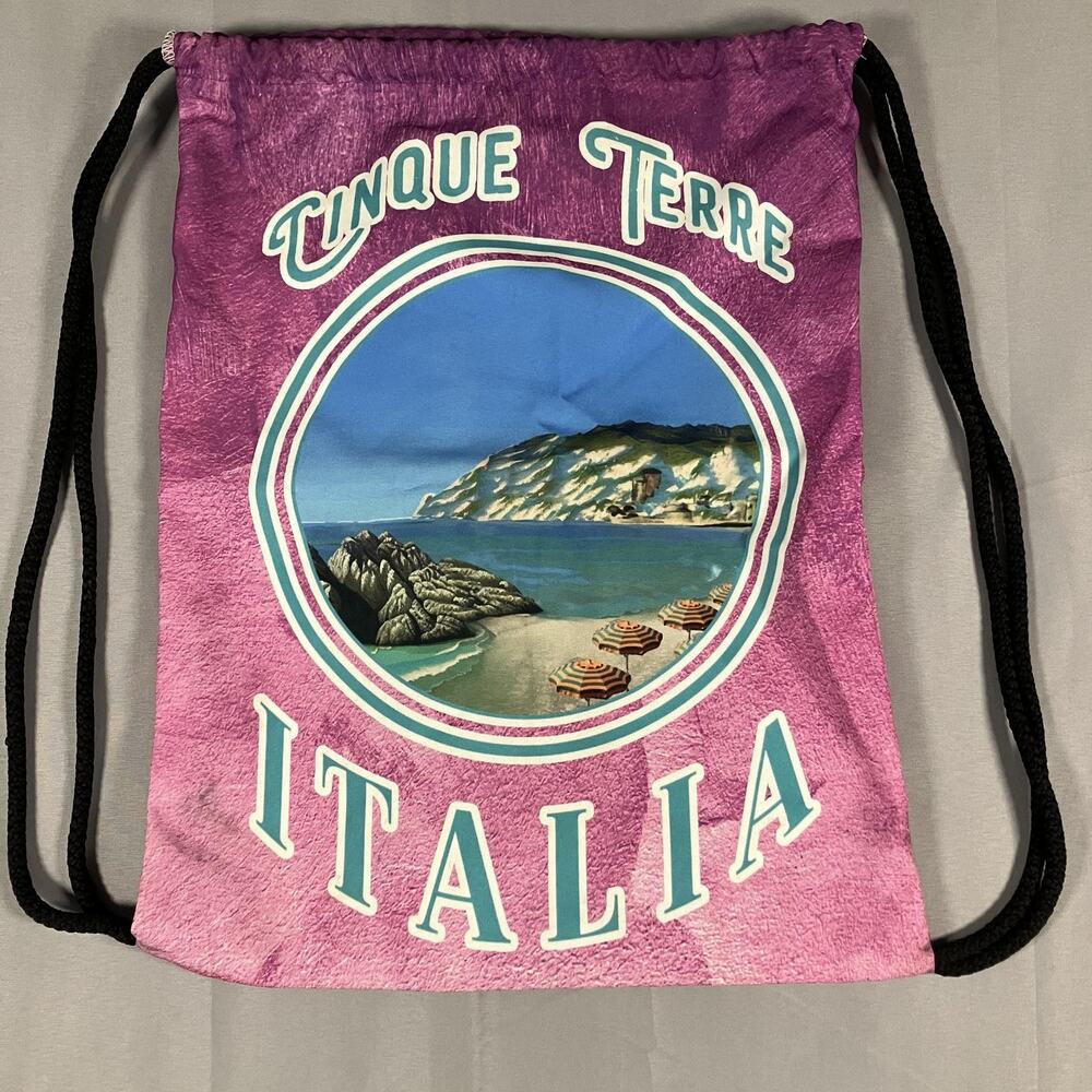 Blue Canvas Cinque Terre Italia Pink Drawstring Backpack Bag Made Italy Souvenir